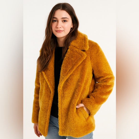 French Connection Mustard Faux Fur Teddy Bear Coat Sz. L - Picture 1 of 8